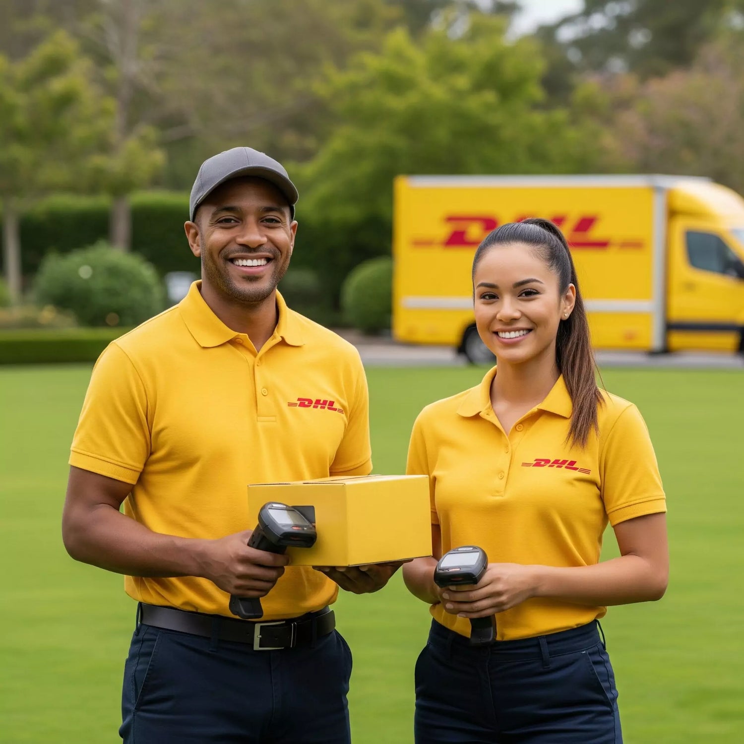 Zwei freundliche DHL Mitarbeiter, die in die Kamera lachen