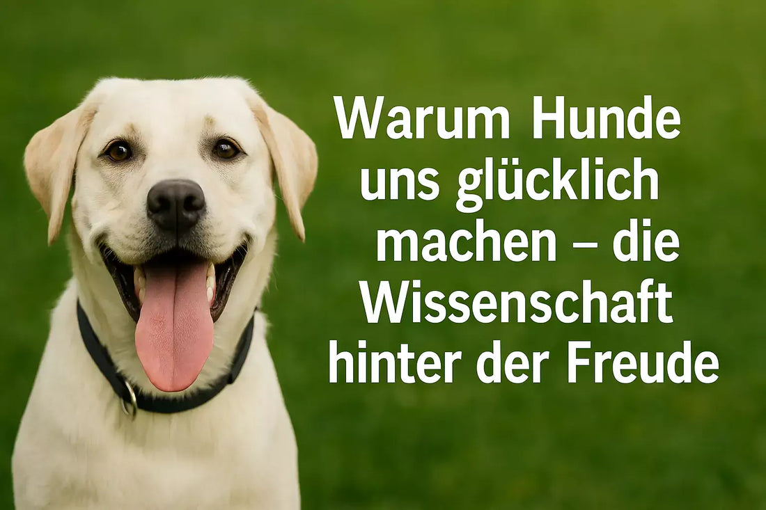 Lächelnder Labrador Retriever auf grüner Wiese mit Text: Warum Hunde uns glücklich machen - die Wissenschaft hinter der Freude.